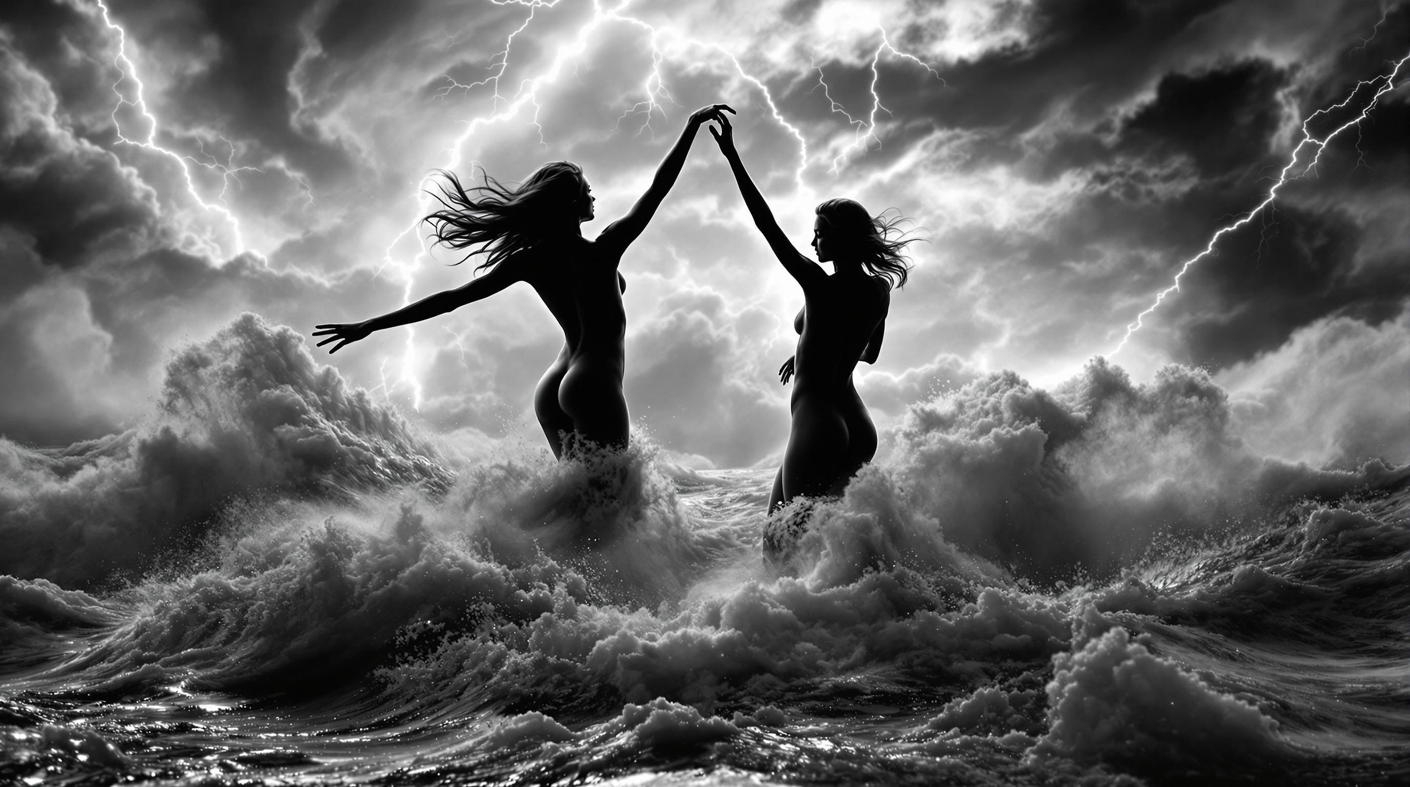 2 woman dancing above stormy sea