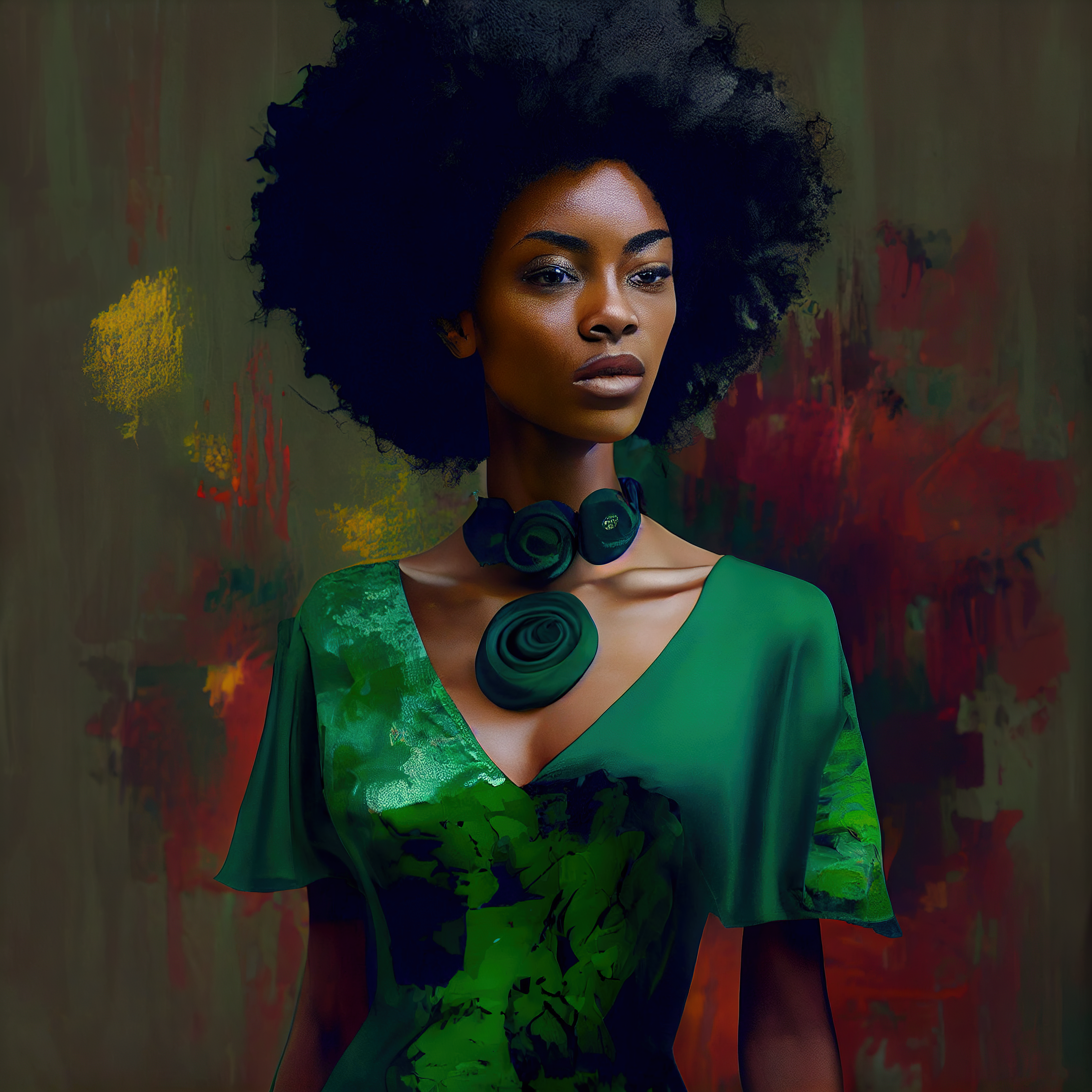Black woman with afro green dress