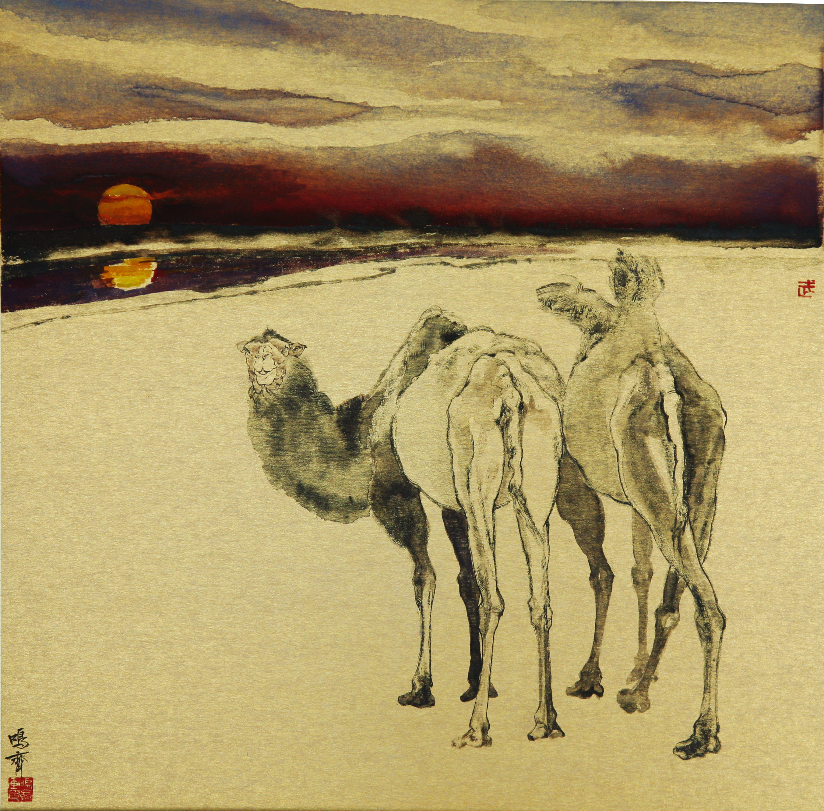 Two Camels Pausing at Sunset in the Desert