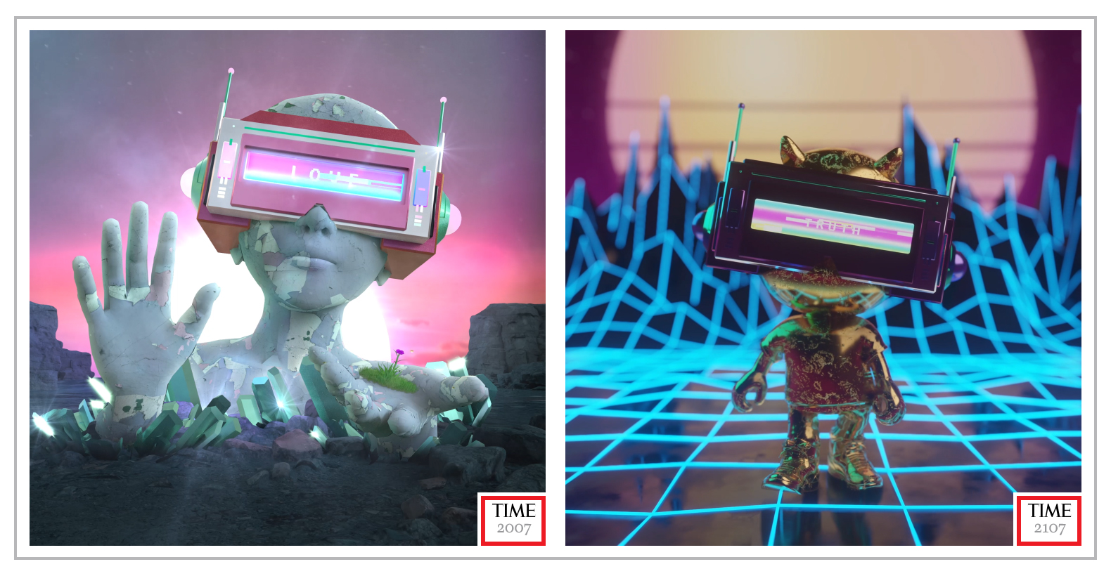 Genesis, 2007 by Carlos Luna James aka MGOGLKTKO & Metaverse, 2107 by Florian Tappeser