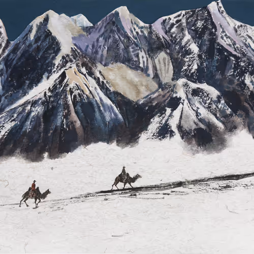 English Translation Camel in Snow, Dragon Scales Stirring North wind rolls snow, covering the Gobi's