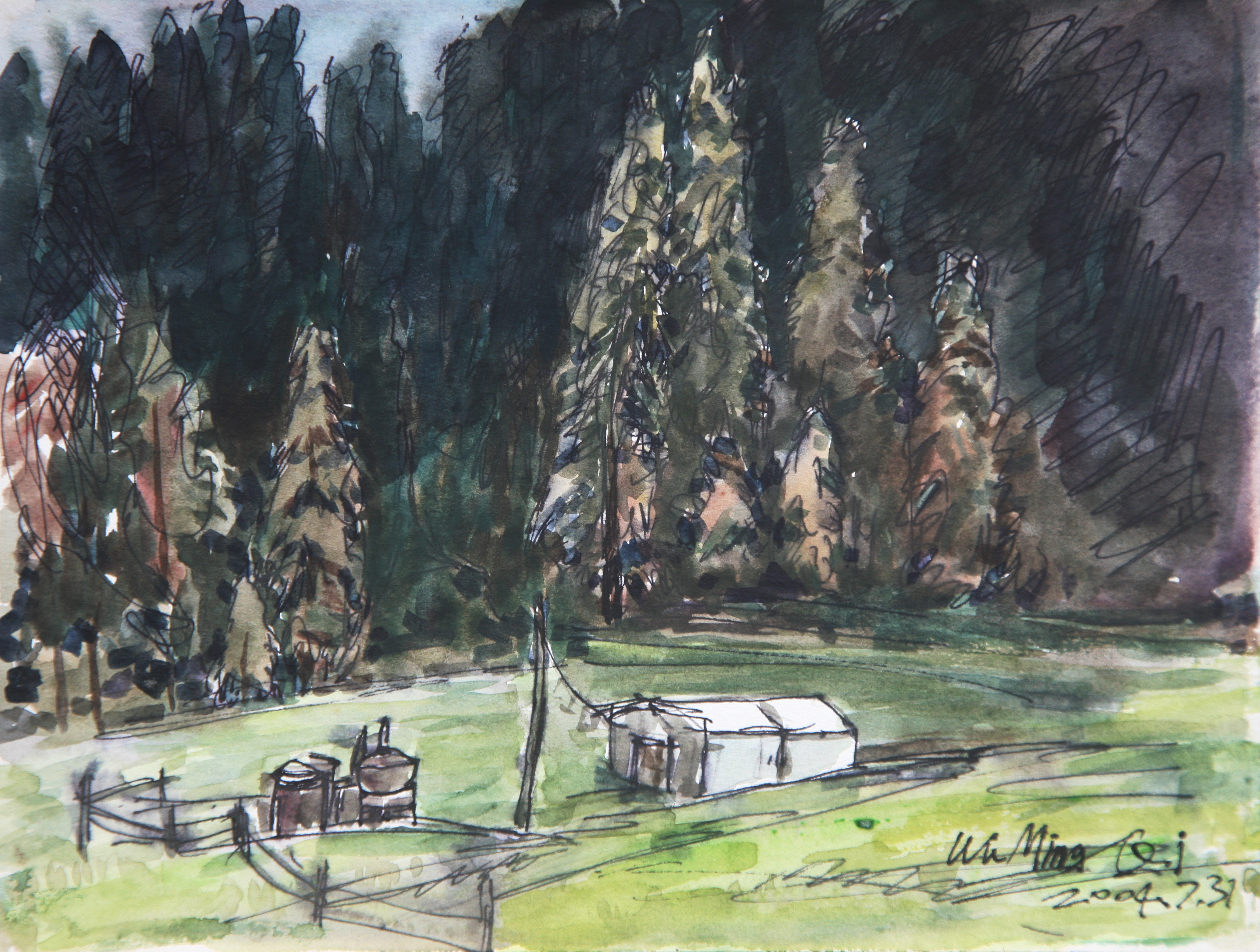 Autumn on the pasture— golden winds sweep the grass, distant hills veiled in mist.