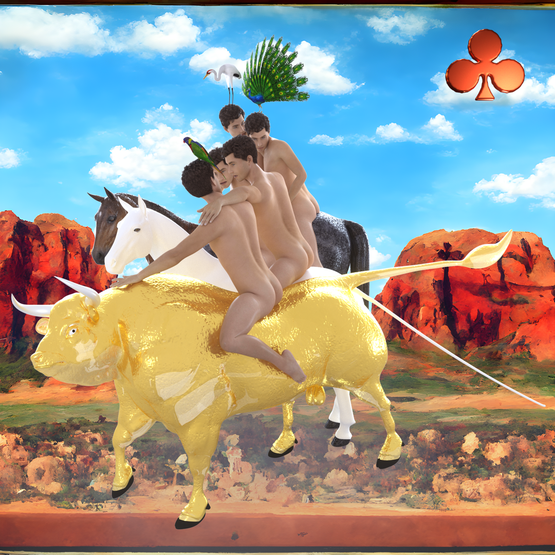 #166 | Man riding golden bull in group scene with background seed 767 and a Red Club card suit