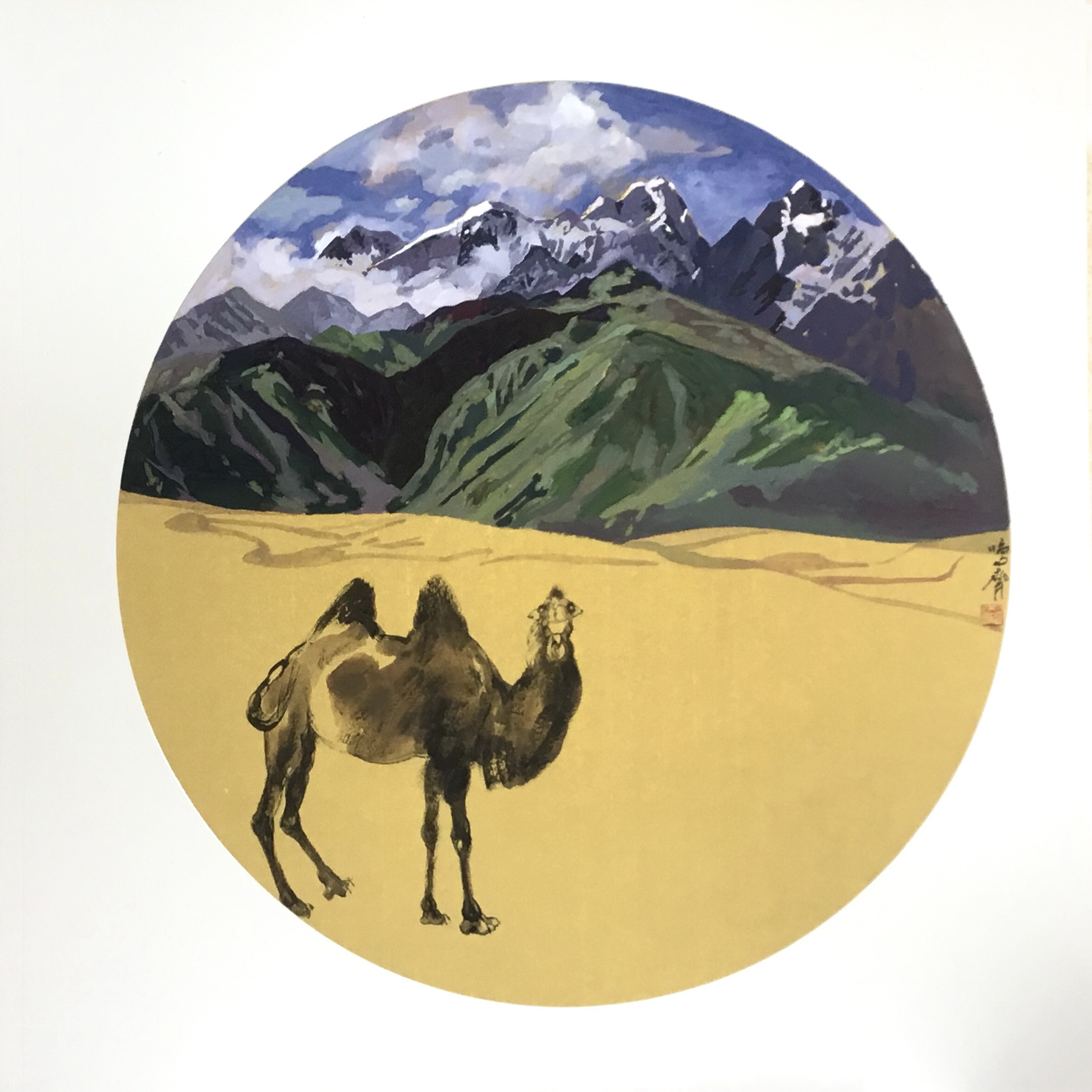 Beneath this vast expanse of sky and earth, a camel walks with steady grace