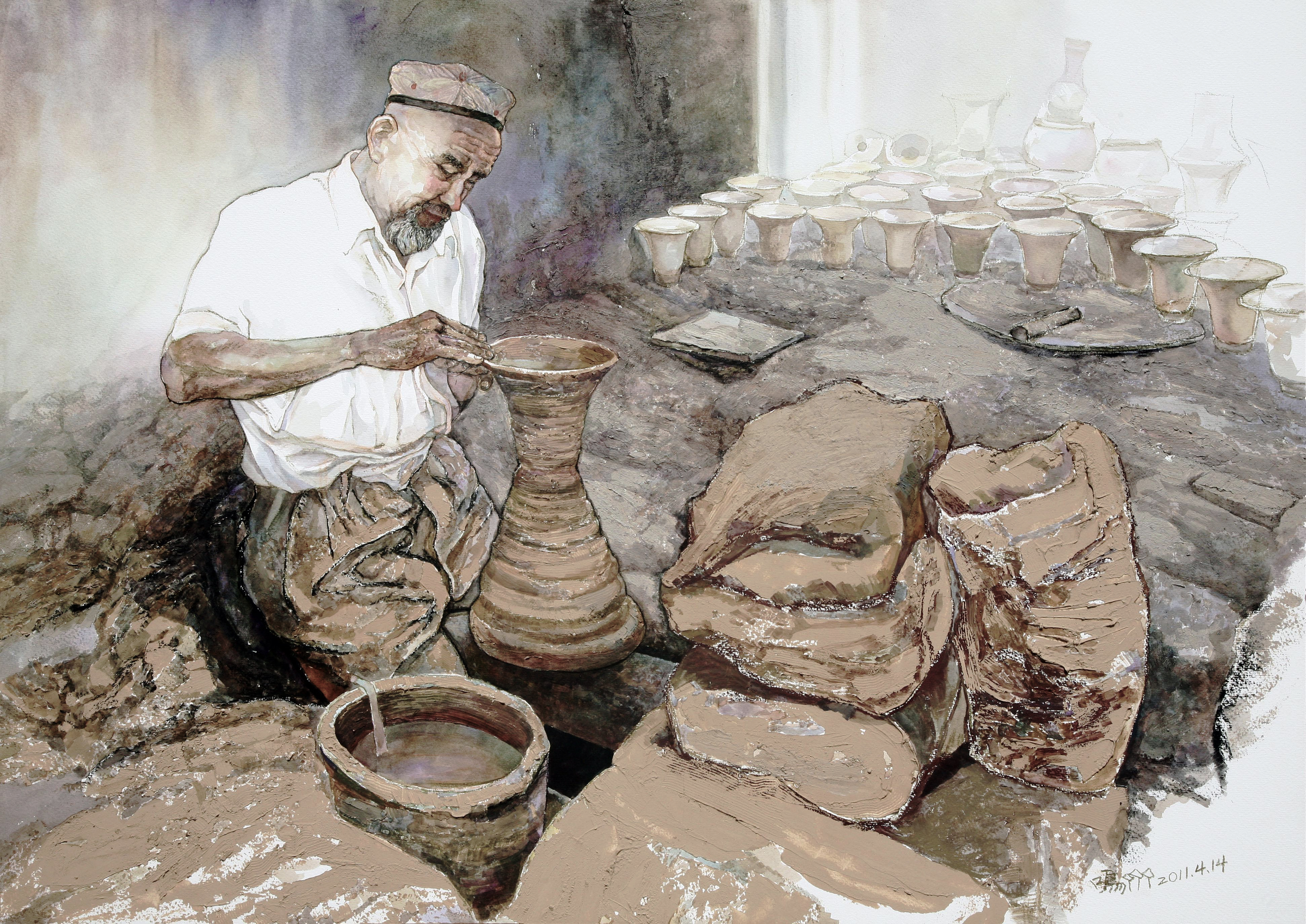 The old craftsman in the earthen pottery workshop,