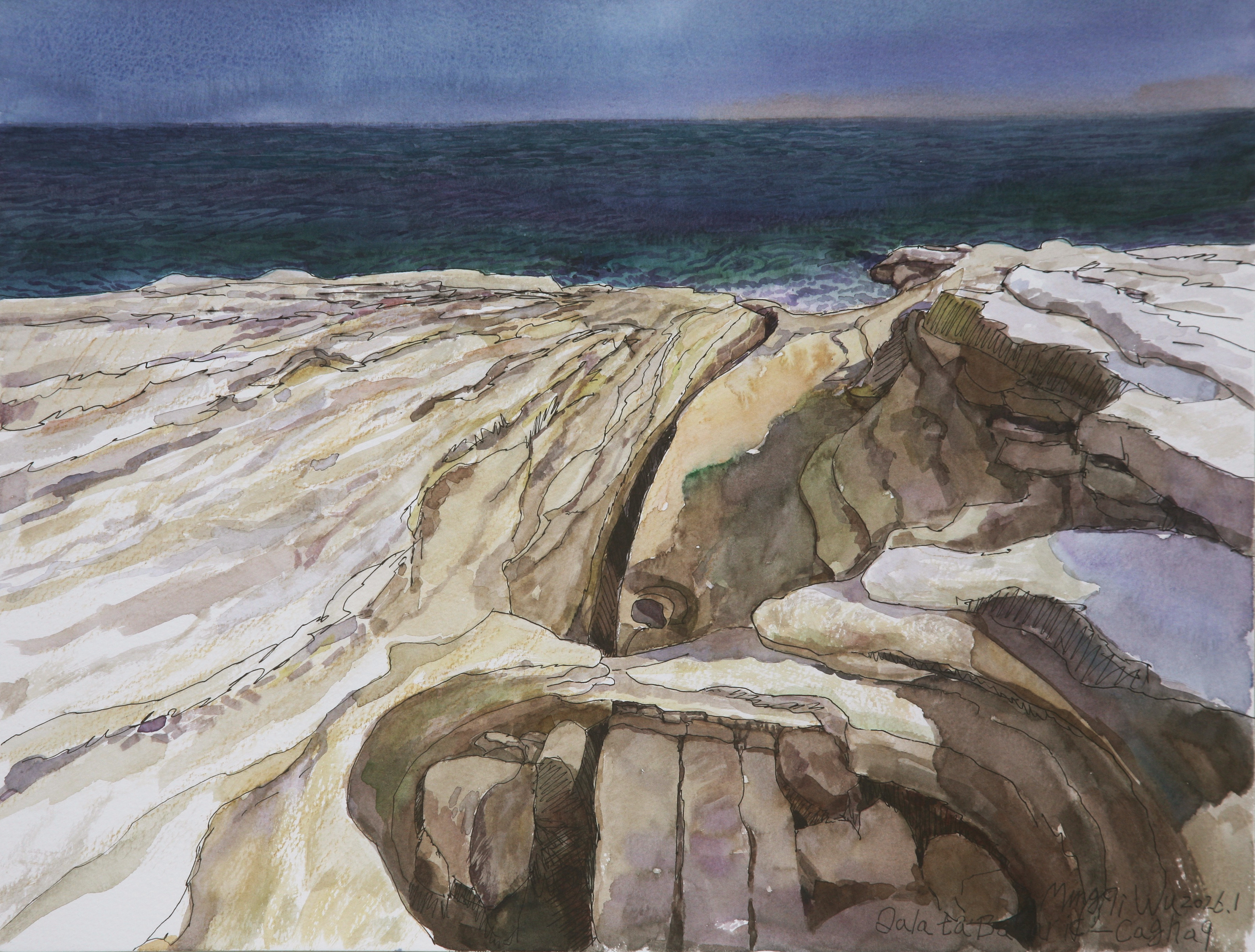 The raging waves carve the shore,