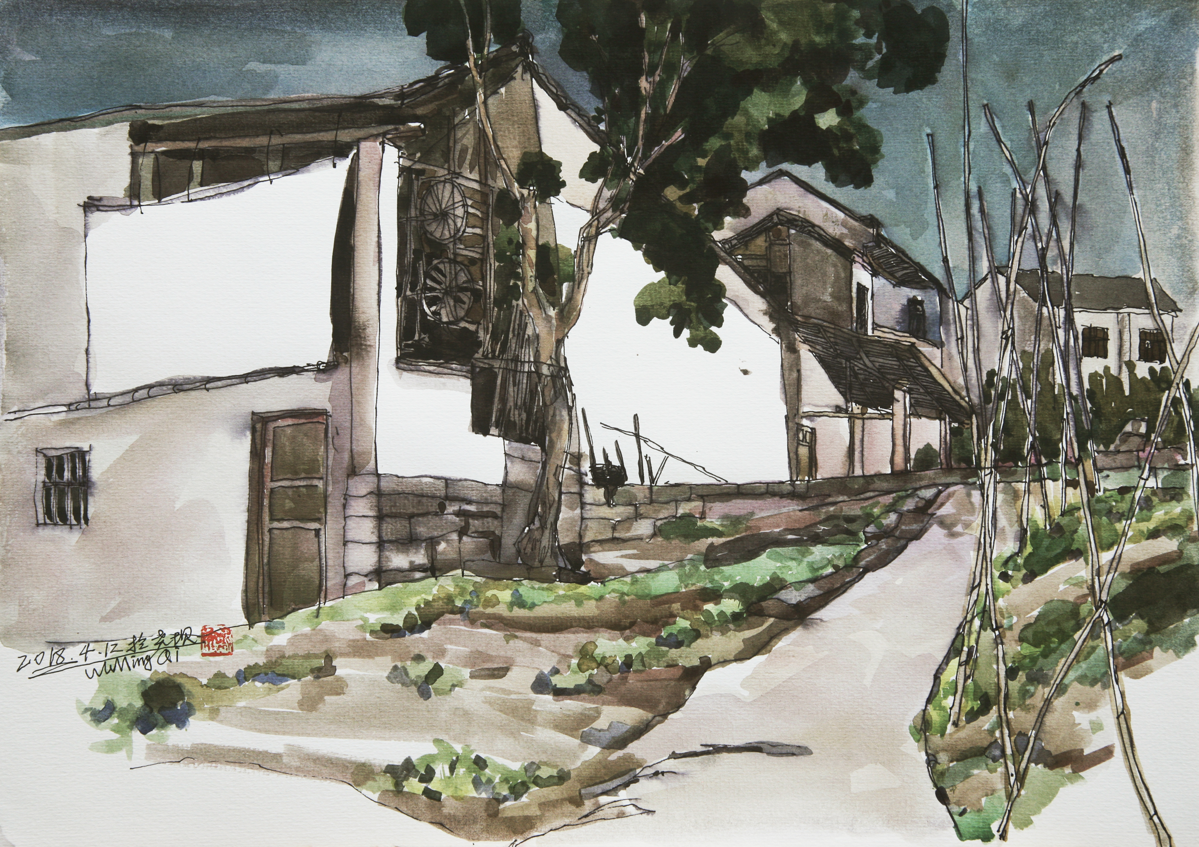 Along Yaoba’s narrow paths, the stone slabs reflect mottled light and shadow