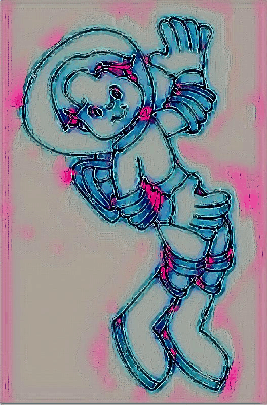 Cosmoboy. Made by AI-power painting machine with wrong settings, glitches and analog-like artefacts.