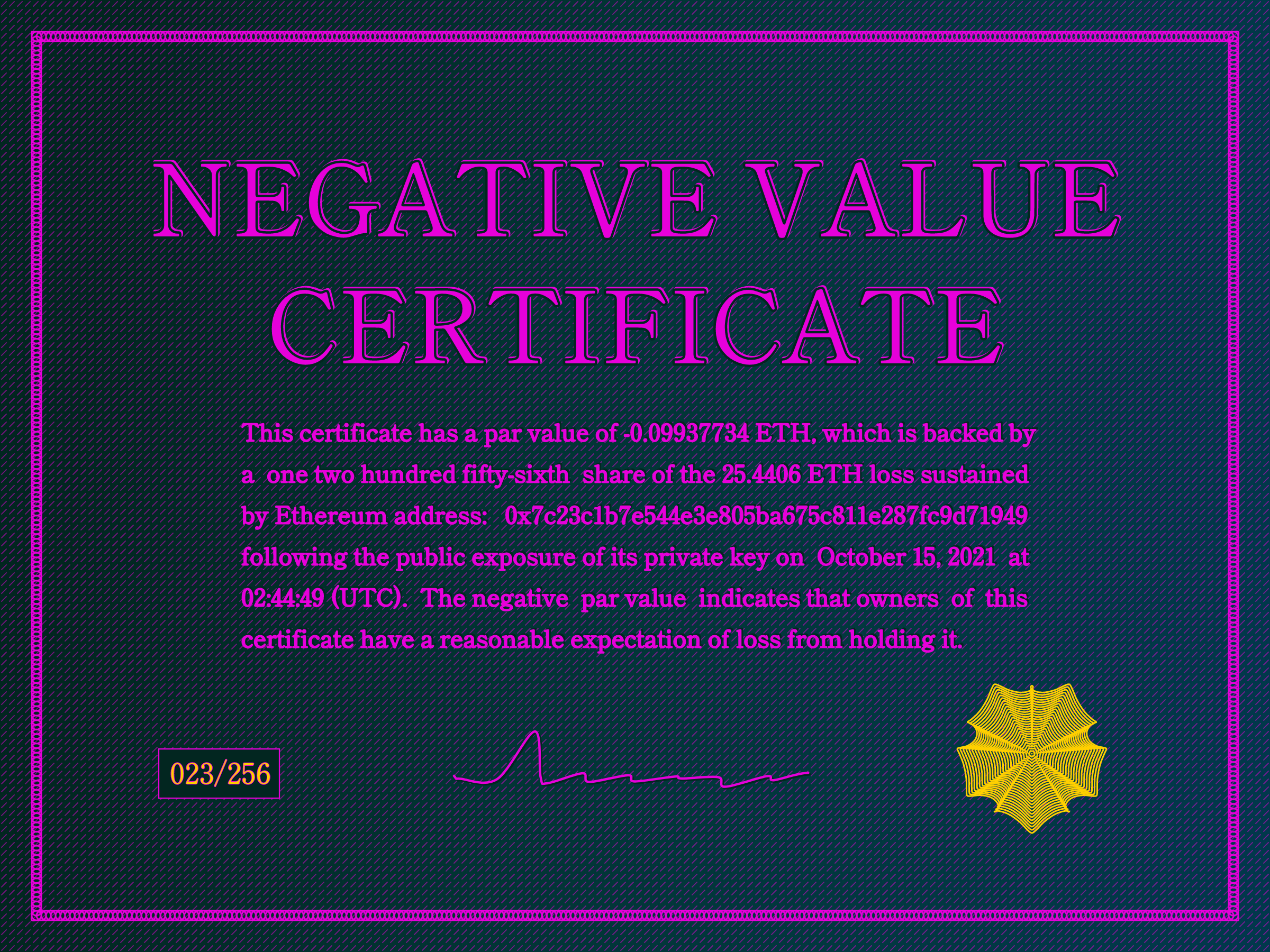 Negative Value Certificate #23 of 256