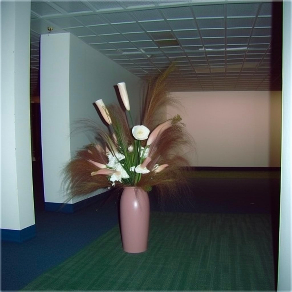 A Pink Vase Holding A Beachy Flower Arrangement In The Middle Of An Empty Room On The Third Floor Of A Large Building