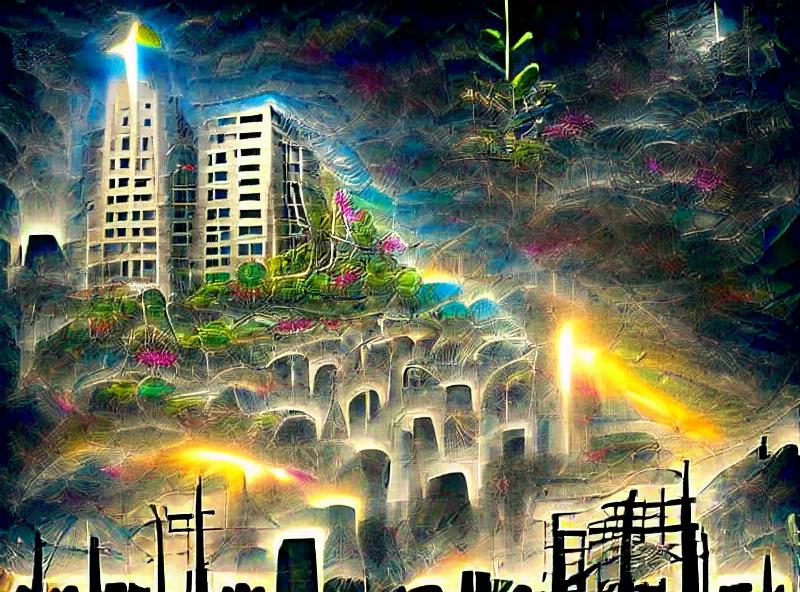 An overgrown dystopia on the precipice of annihilation, at once shrouded in darkness yet filled with divine light.