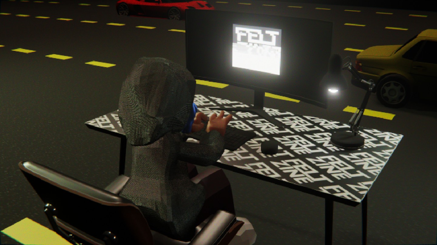 Desktop #66: The Hacker in the Eames Chair With a Desk Lamp and a Old School Monitor on a Felt Zine Table in The Streets