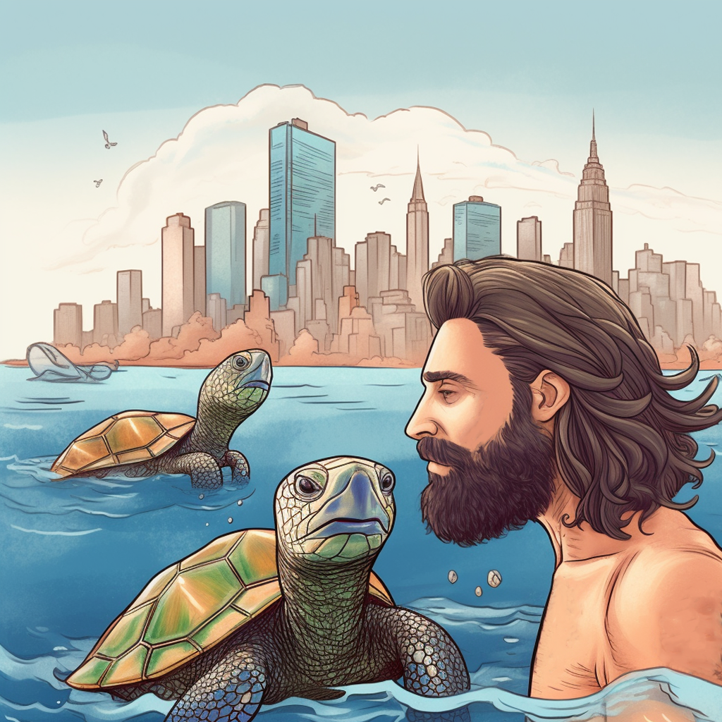 Fakeye, wishing his turtles well in NYC