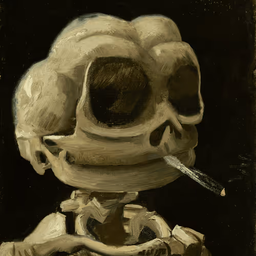 Skull of a Skeleton Pepe with Burning Cigarette