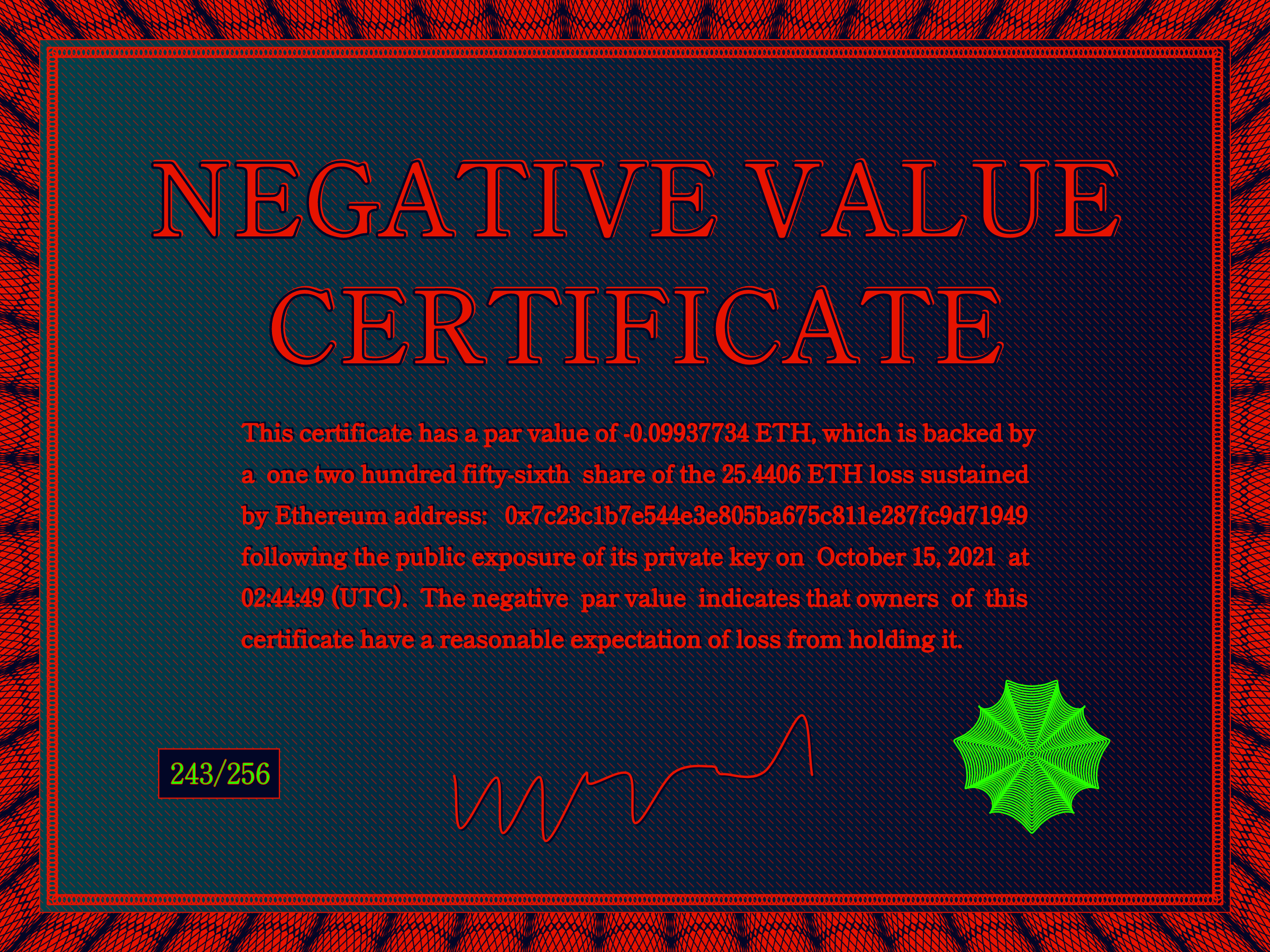 Negative Value Certificate #243 of 256