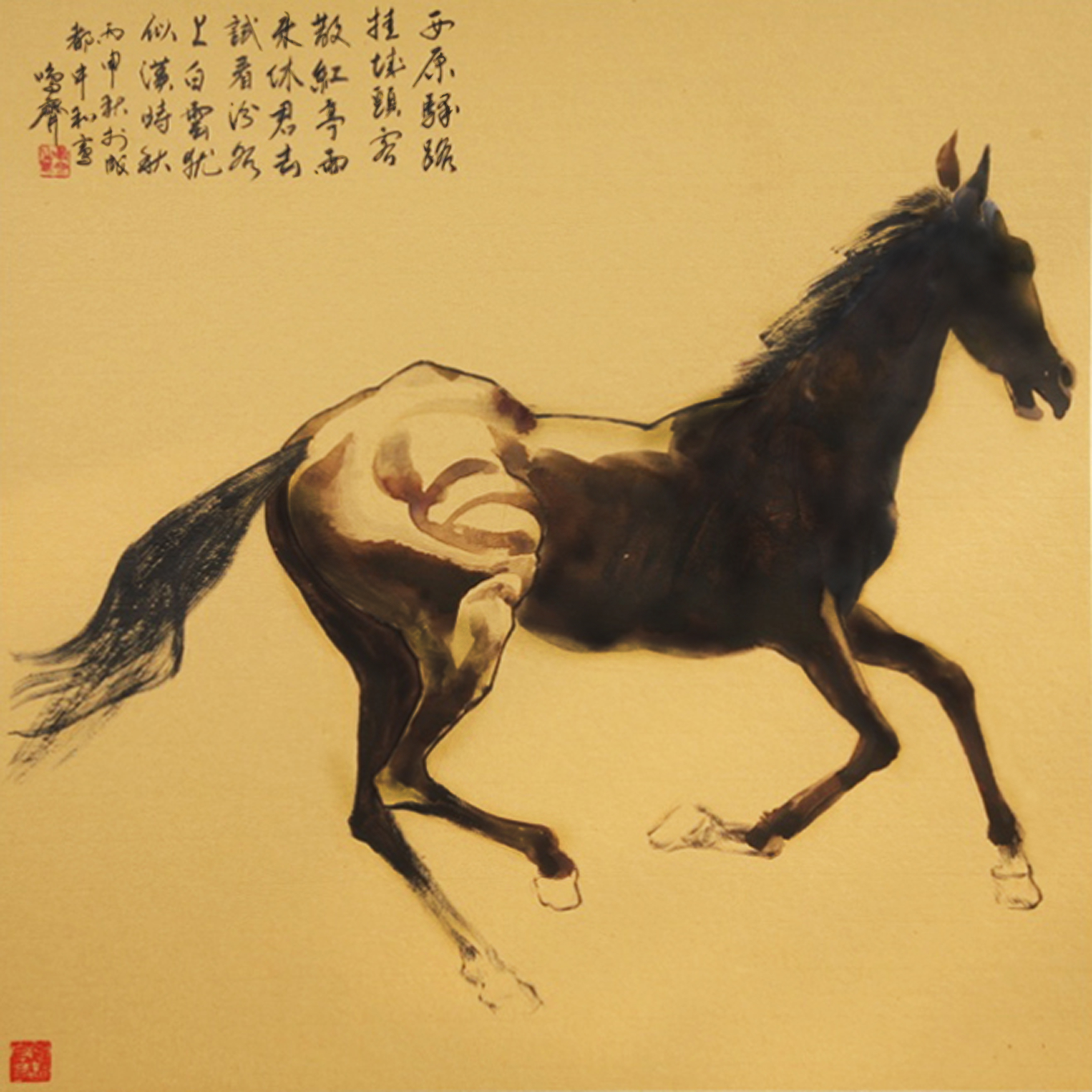 On ancient road, post steeds pace through crisp autumn days.