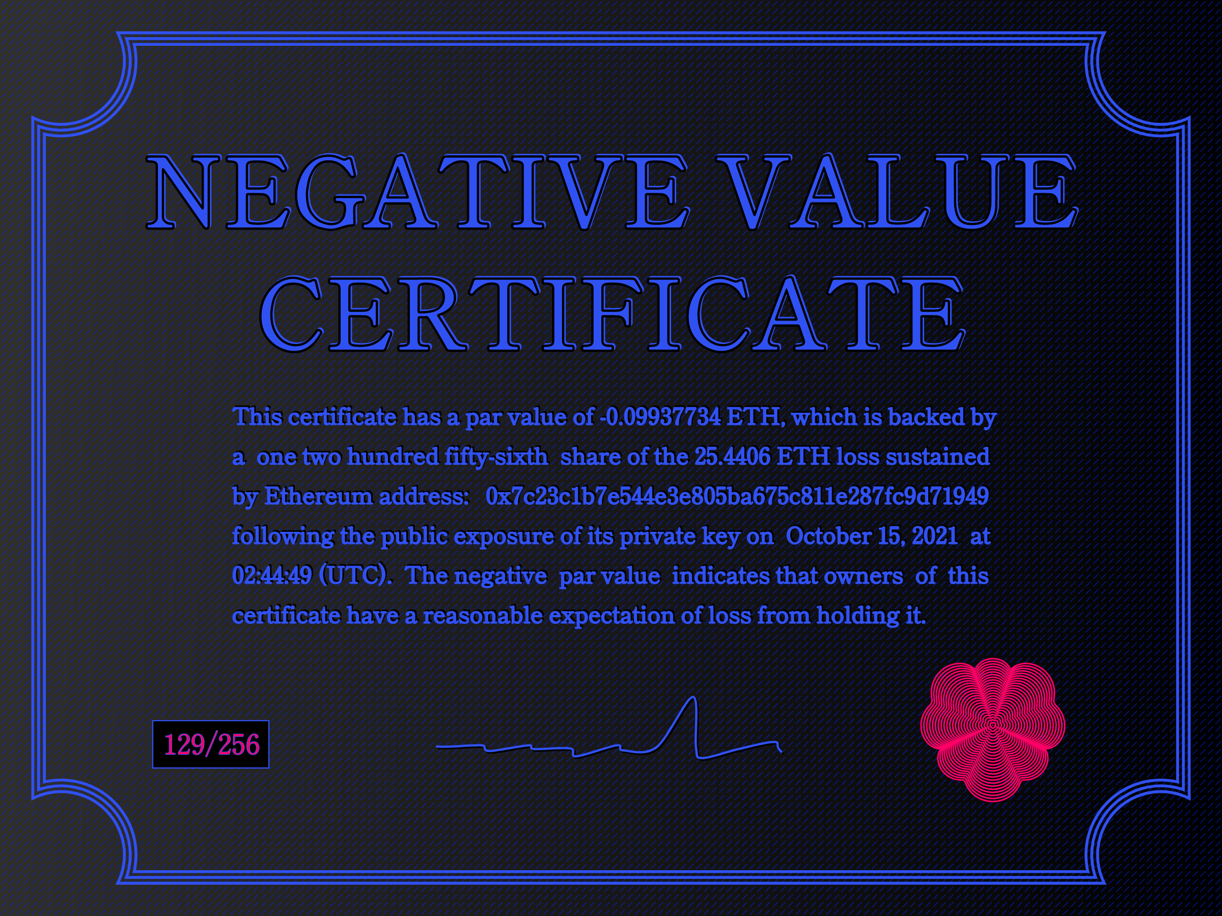 Negative Value Certificate #129 of 256