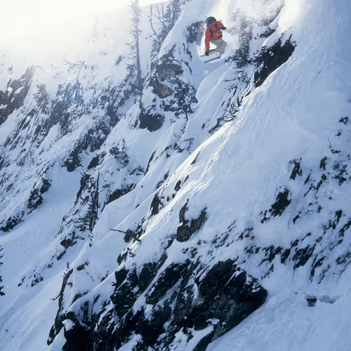 Brian Savard drops a big cliff on Whistler Mountain, 1999. 