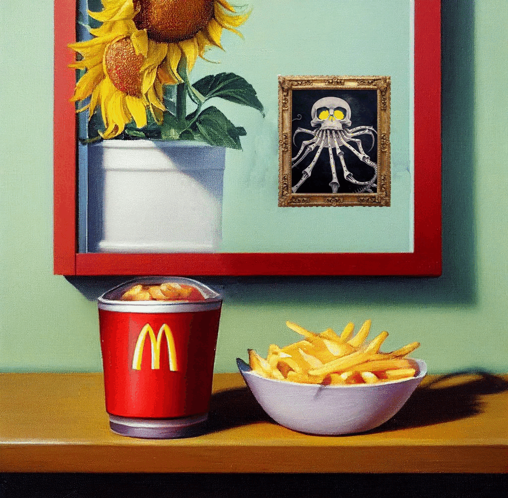 Still life of a bowl of french fries and a cup of Mcnuggets on a wooden shelf aboard a space pirate ship. #19/50