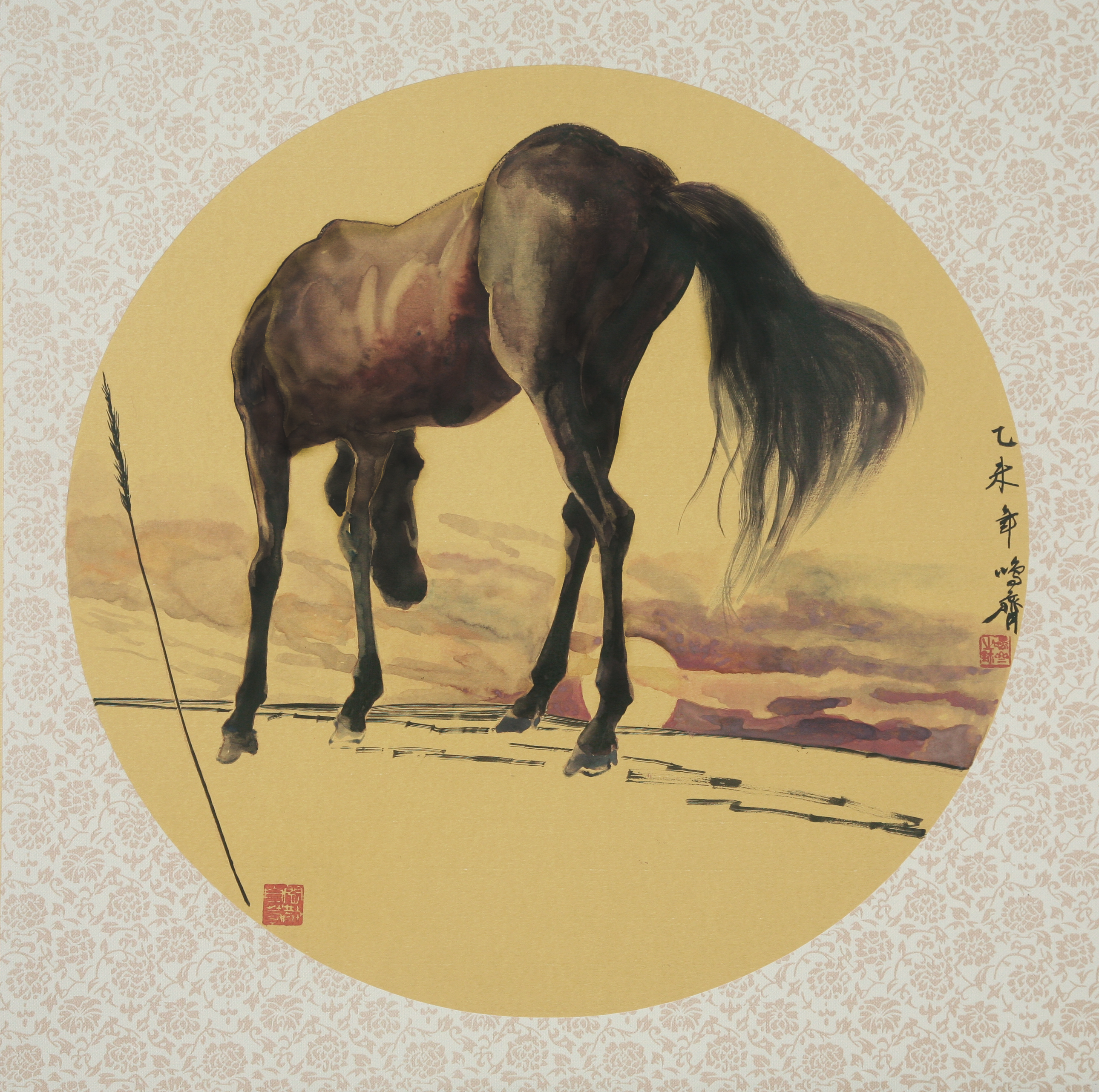 Beneath one reed the sun descends, a lone horse stands where quiet ends.