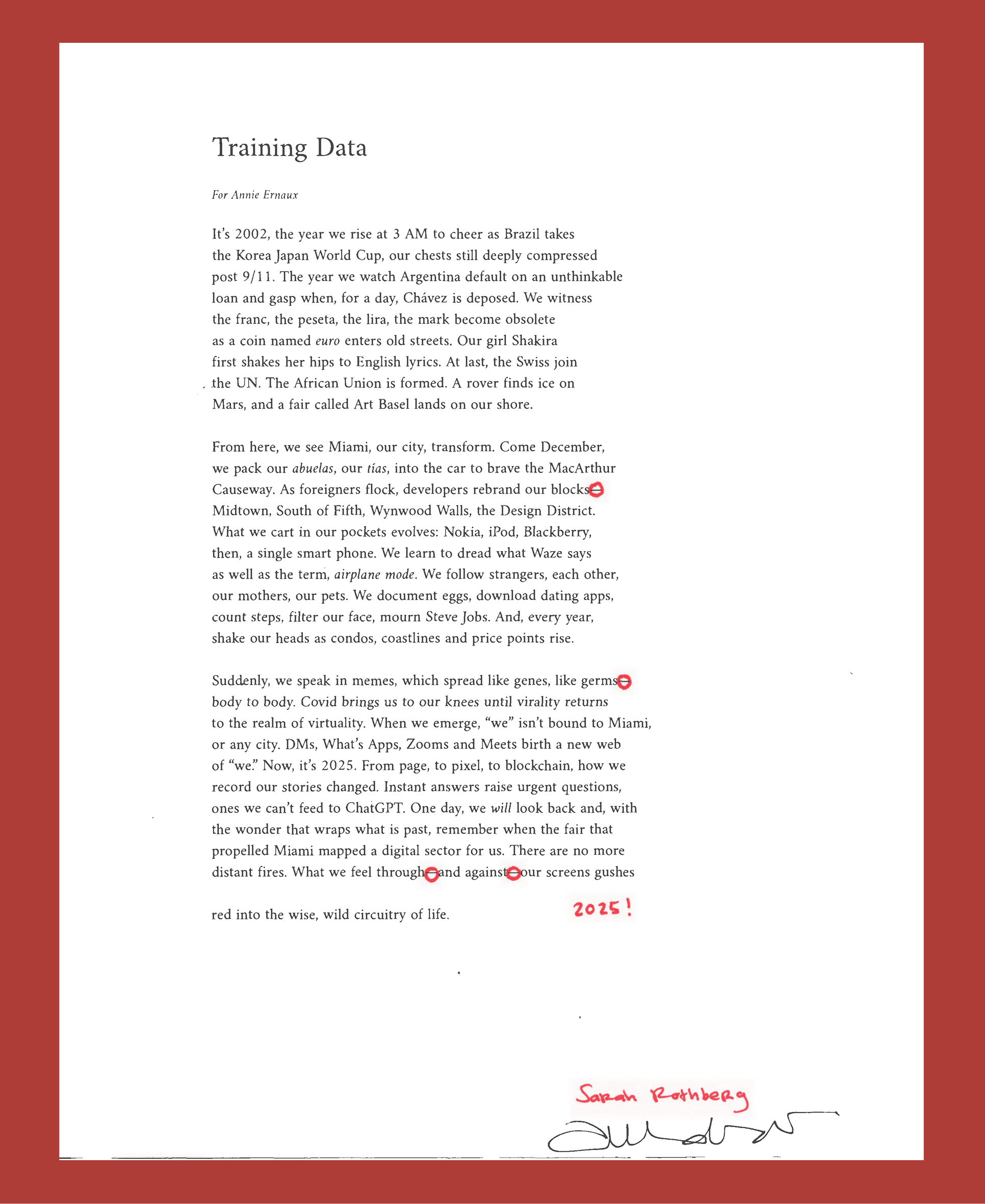 Sarah Rothberg’s Training Data